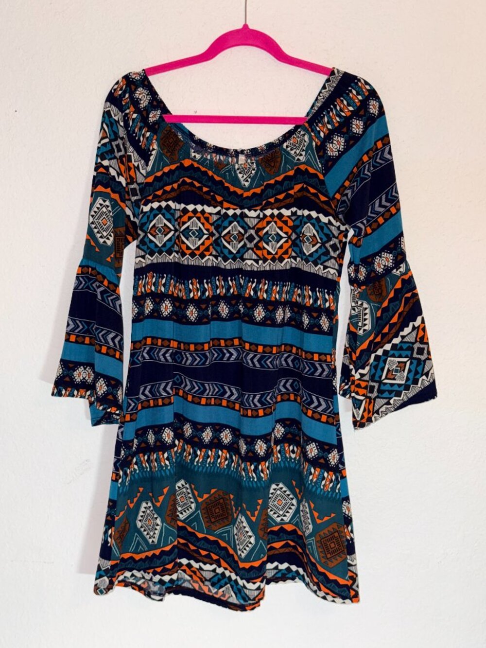 Women's Blue Off Shoulder Bell Sleeve Aztec Print Boho Mini Dress (Y1)